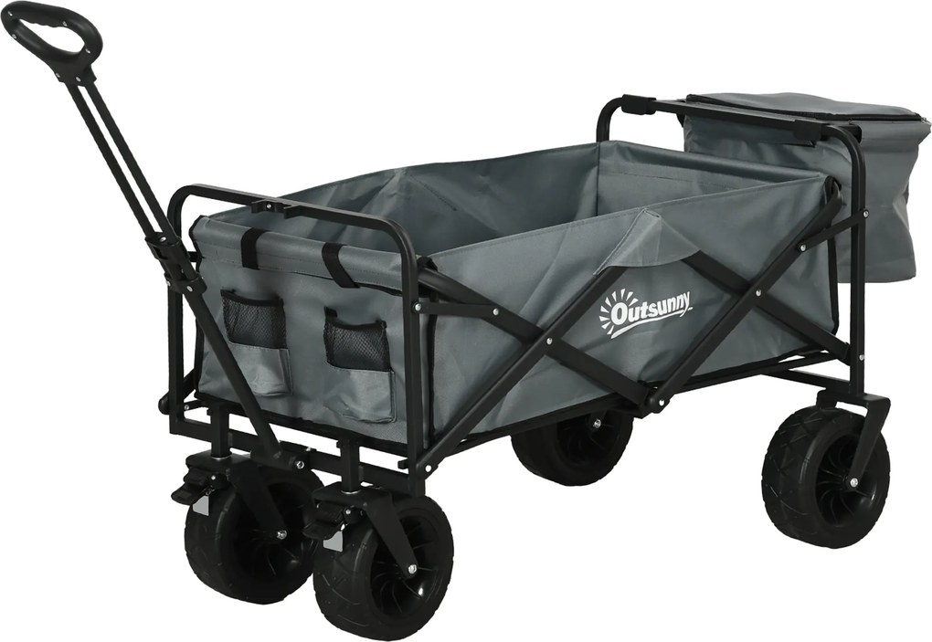 Outsunny Összecsukható Kocsi Hűtővel, Strand Kocsi Kihúzható Fogantyúval, Kert Kocsi akár 100 kg Terhelhetőséggel, Oxford, Sötétszürke | Aosom