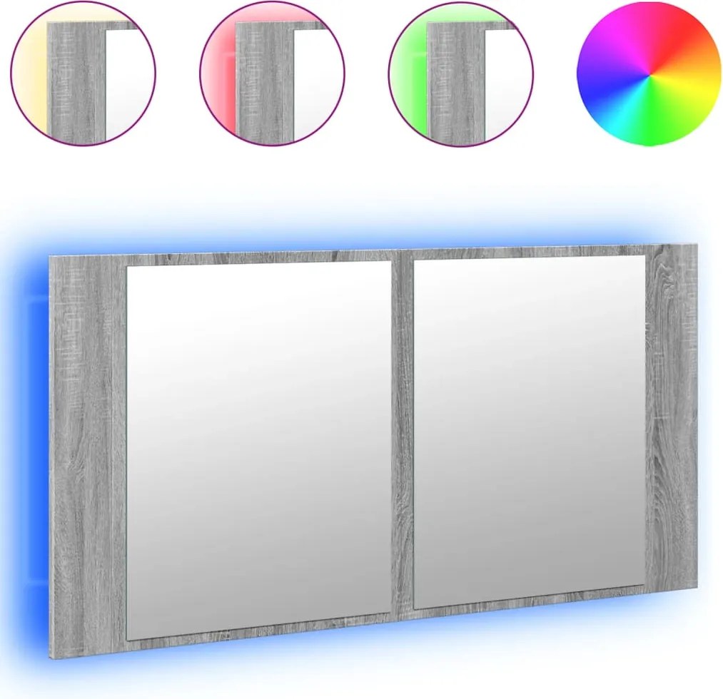 vidaXL szürke sonoma akril LED-es tükrös fürdőszobaszekrény 90x12x45cm