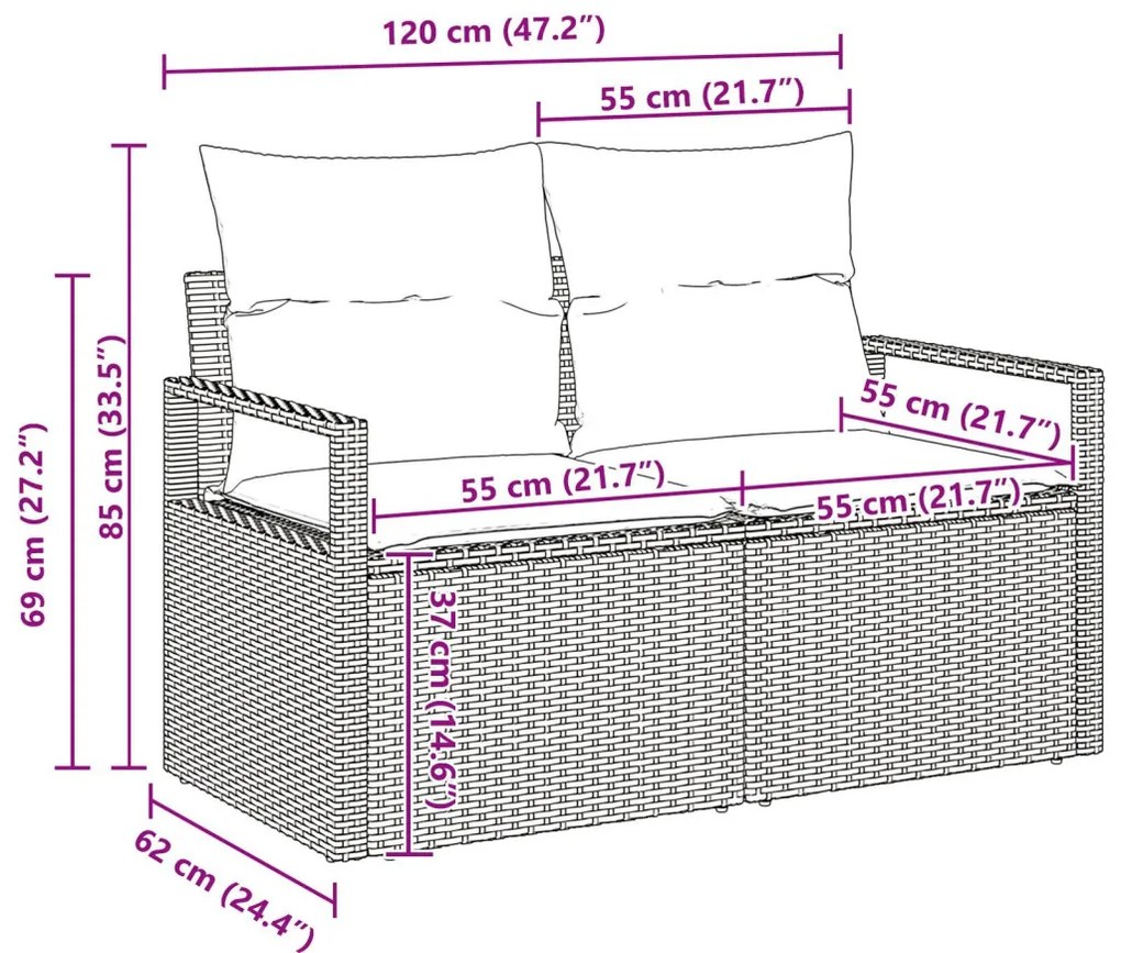 5 Darab Kert Sofa Szett Párnákkal Barna Poli Rattan, 2-Fős Kert Sofa Párnákkal Fekete Poli Rattan