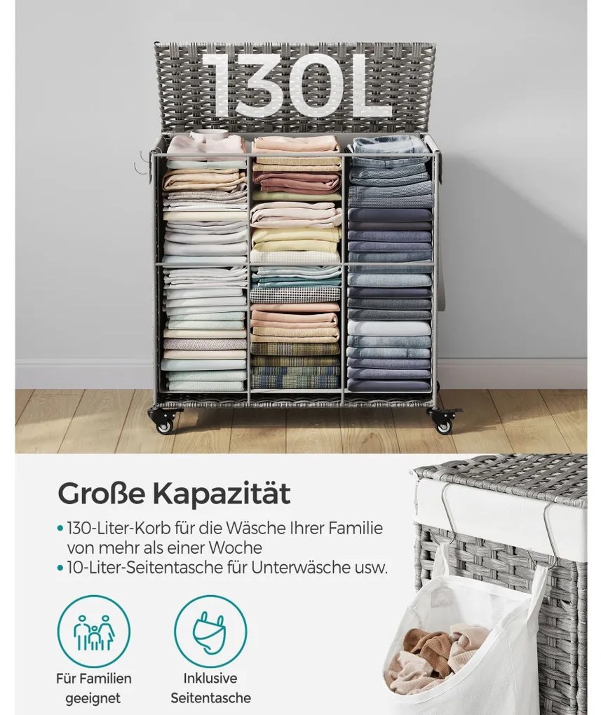 Kézzel fonott rattan stílusú szennyeskosár 3 rekesszel 140L, szürke