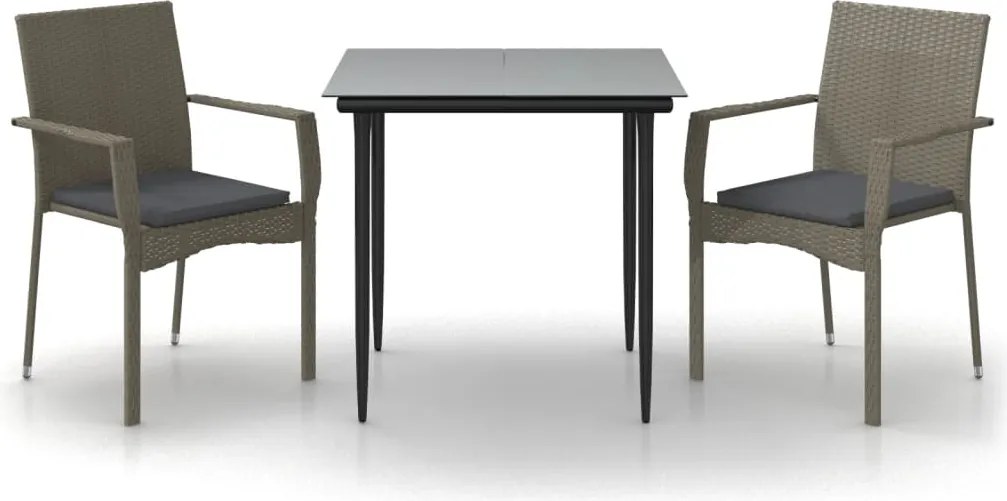 vidaXL 3 részes fekete és szürke polyrattan kerti étkezőszett párnával