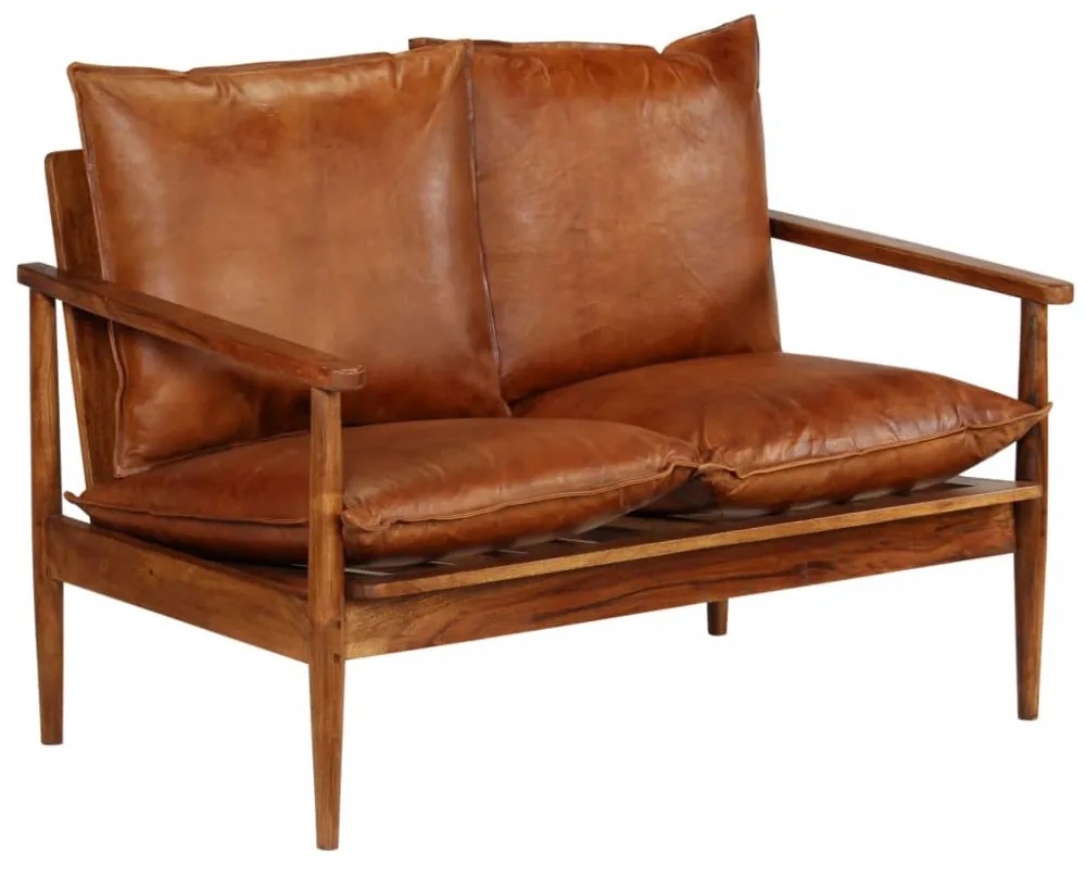 vidaXL 2 személyes valódi bőr kanapé barna akácfával