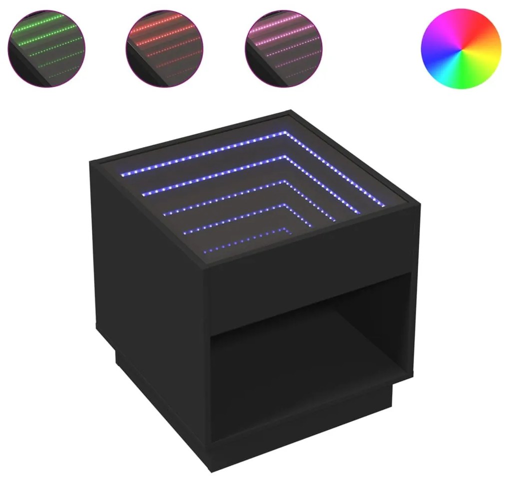 fekete végtelen hatású LED-es dohányzóasztal 50 x 50 x 50 cm