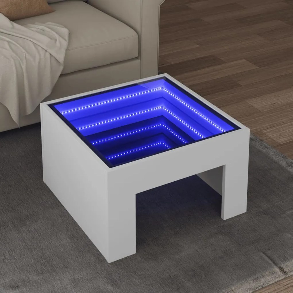 Fehér végtelen hatású LED-es dohányzóasztal 50 x 50 x 30 cm