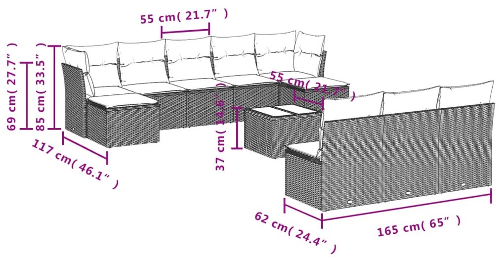 11 részes fekete polyrattan kerti ülőgarnitúra párnákkal