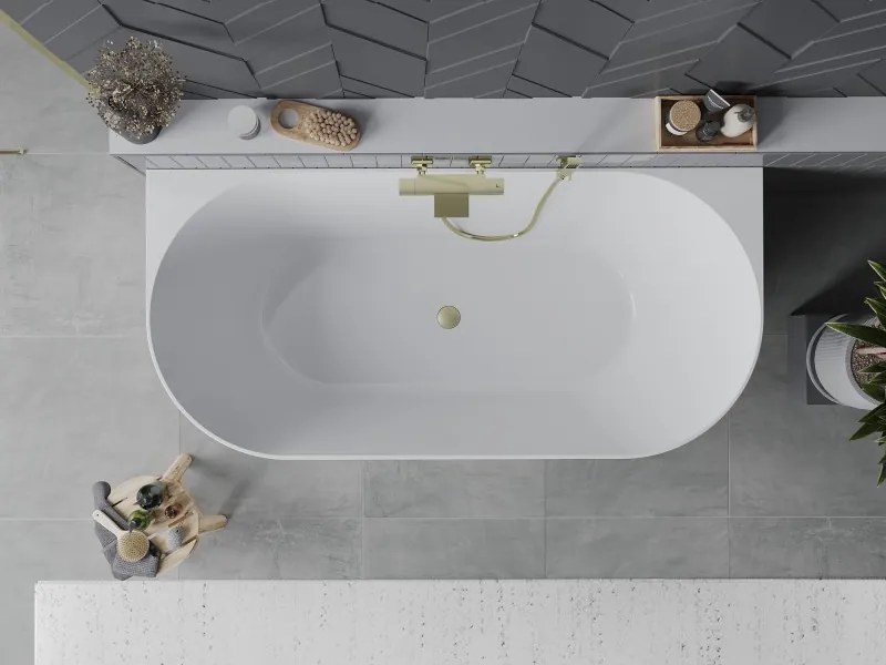Mexen Oval Slim szabadon álló fal melletti kád 170 x 80 cm, fehér, túlfolyó arany szálcsiszolt - 52661708000-55