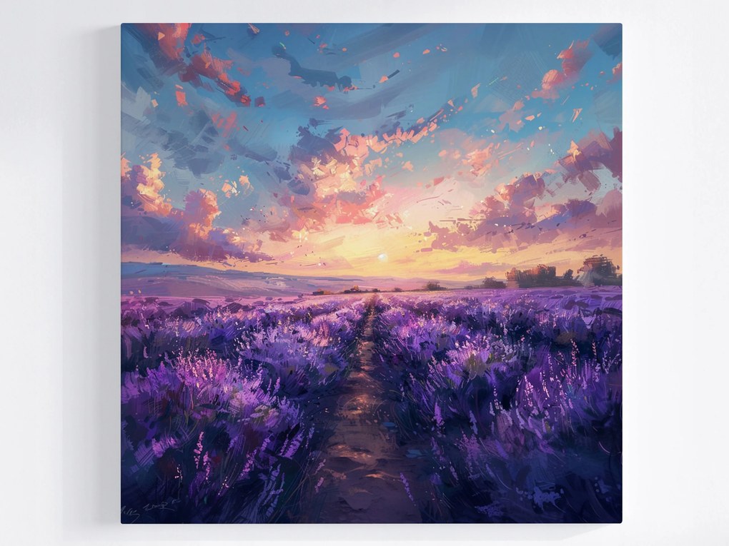 Vászonkép Canvas Tájkép Mező Levendula Virágok Napnyugta 40x40