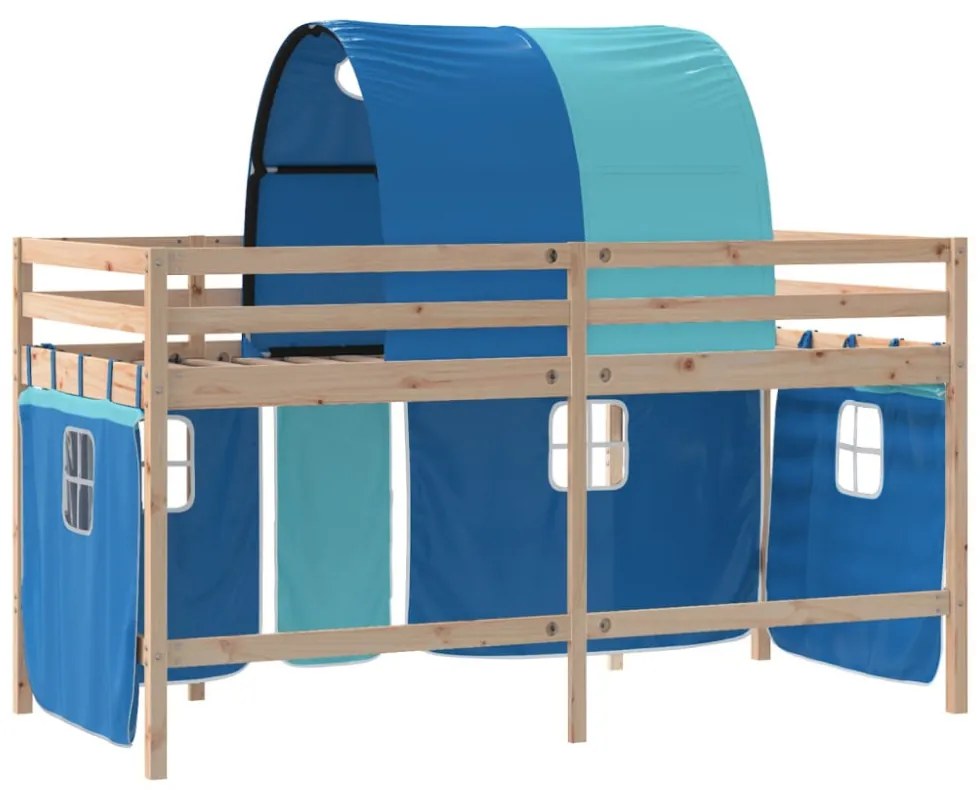 kék tömör fenyőfa gyerek galériaágy alagúttal 90 x 190 cm