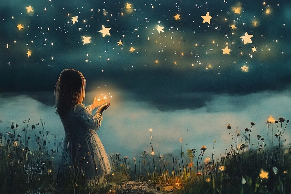 Vászonkép Canvas Lány Gyerek Éjszaka Ég Csillagok Álom 60x40