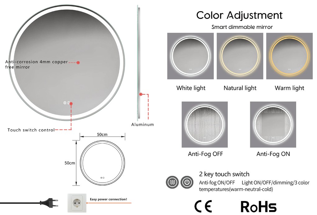 Erga Carla, kerek LED tükör 50cm, 1150 lm, 3 színű fény, ERG-V01-208-5050