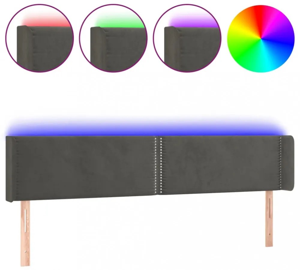 sötétszürke bársony LED-es fejtámla 163 x 16 x 78/88 cm