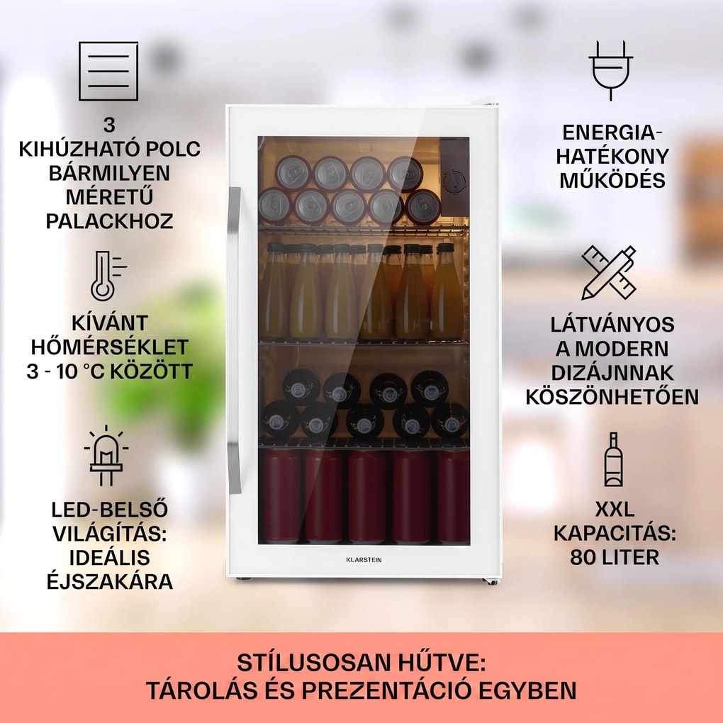 Klarstein Beersafe XXL Quartz, hűtőszekrény, E energiahatékonysági osztály, 3 fém polc, panoráma üvegajtó