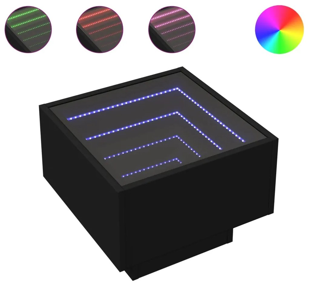 Fekete szerelt fa kisasztal LED-del 40 x 40 x 30 cm