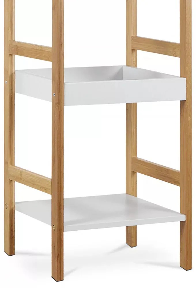 Etajeră de depozitare DR-013-3, din 3 piese, realizată din bambus, culoare natur, cu rafturi din MDF alb. Capacitate de încărcare: 9 kg.