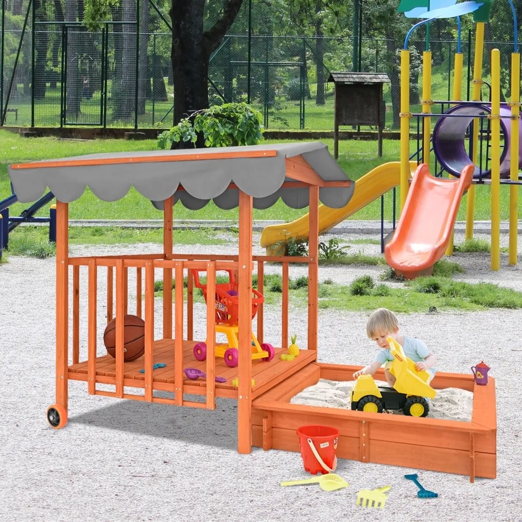 HAPPY homokozó verandával, tömör borókafenyőből 130 x 130 x 143 cm barna szürke Jurhan