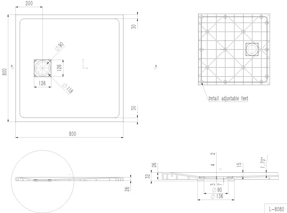 Erga Hyper, SMC zuhanytálca 80x80x2,6 cm + szifon, fekete matt, ERG-V06-SMC-8080S-BK