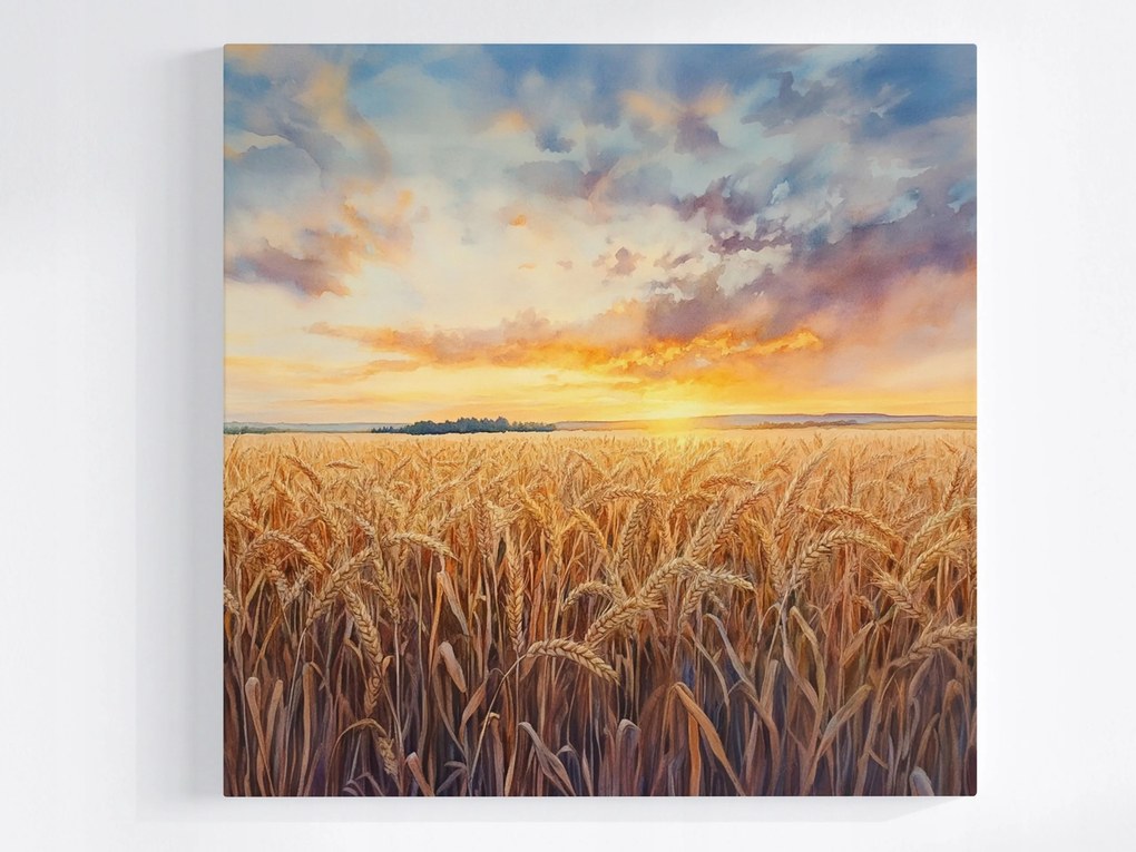 Poszter Tájkép Falu Mező Gabona Aratás Nyugat Nap 80x80