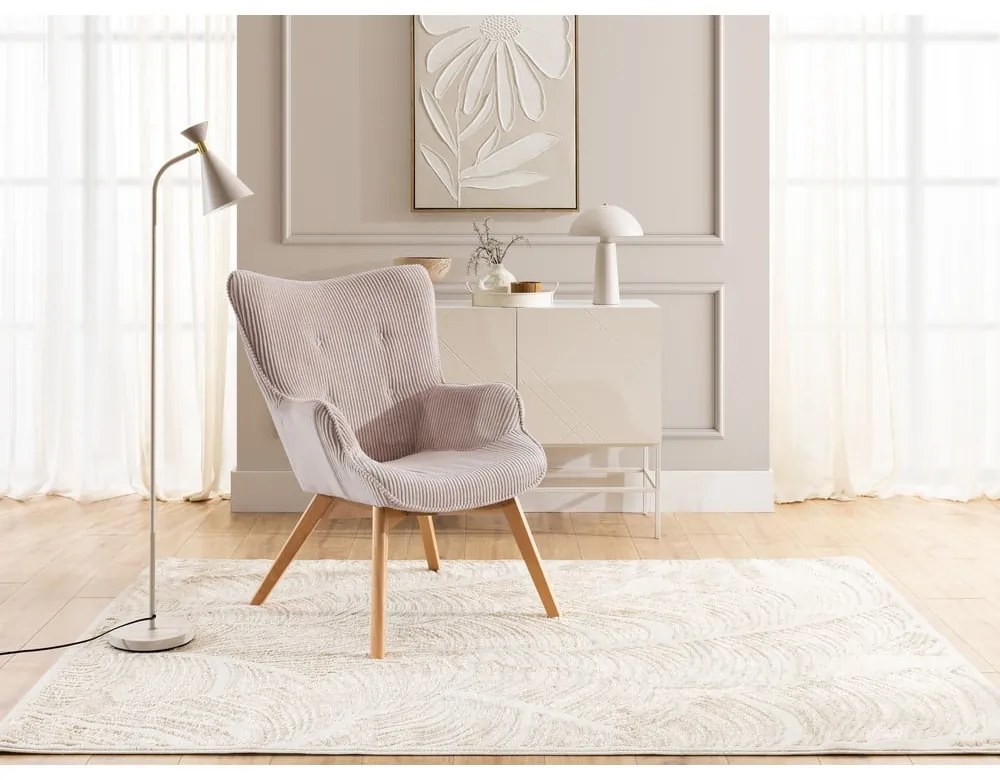 Világos rózsaszín kordbársony fotel lábtartóval Niko – Ropez