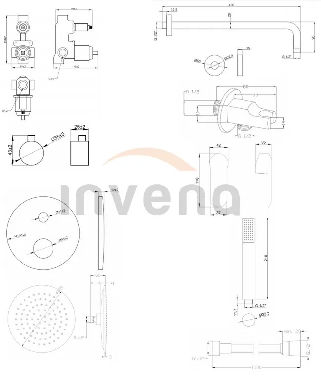 Invena Siros, rejtett zuhanygarnitúra 2 kivezetéses testtel, fekete matt, INV-BS-90-012-A