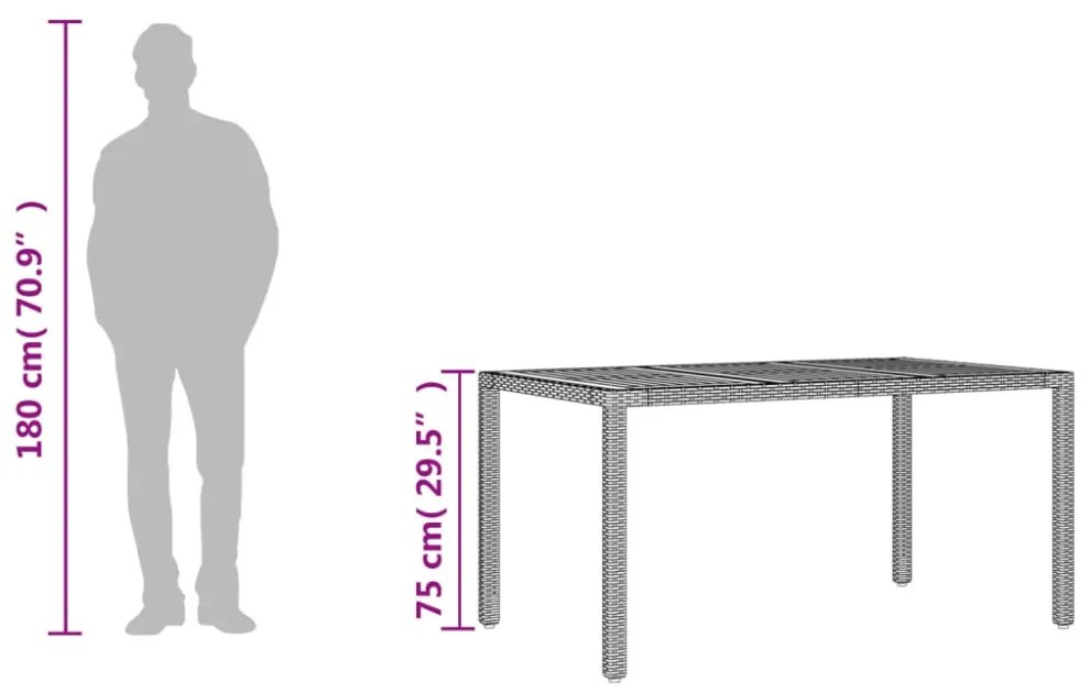 szürke polyrattan kerti asztal akácfa lappal 150 x 90 x 75 cm
