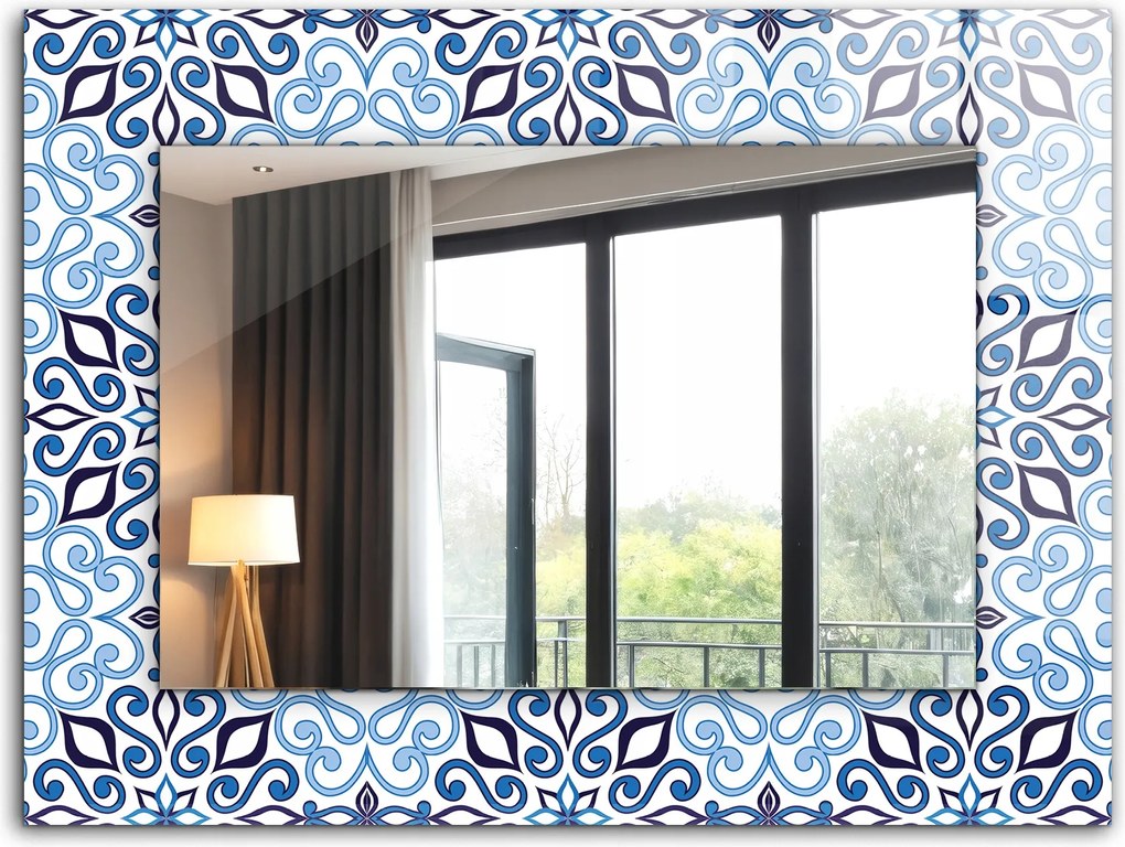 Loft függő tükör nyomott mintával XXL 80x60 cm Kék díszmintás