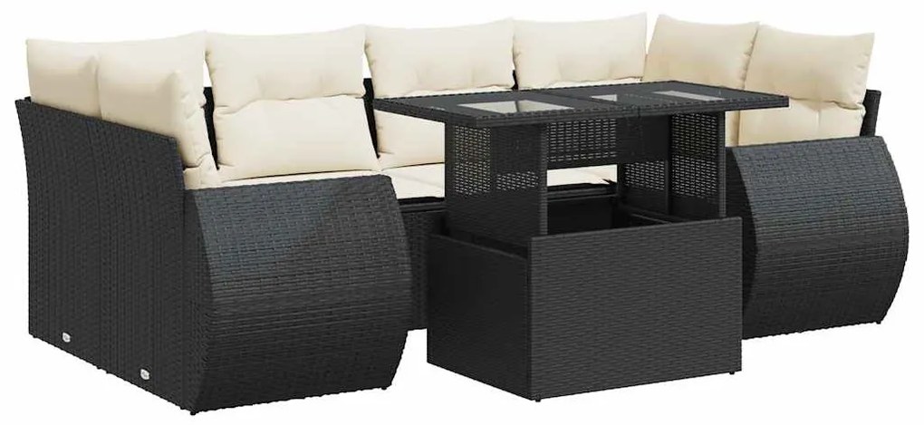 7 részes fekete polyrattan kerti ülőgarnitúra párnával