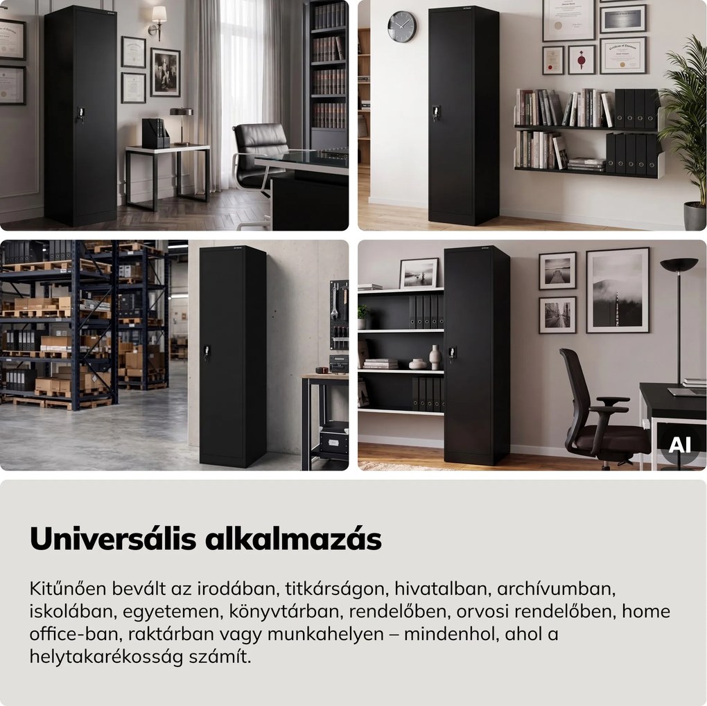 Kartotékos iratszekrény kulcsos fekete, 450x1850x600 mm: ALEX D600