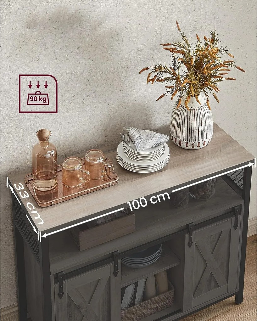 Komód elhúzható ajtókkal és nyitott polcokkal, szürkés barna 100x33x80cm