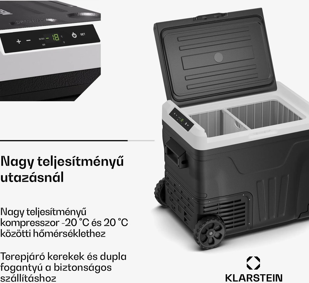 Klarstein PolarForce 50L kompresszoros hűtődoboz, LCD panel, világítás, off-road, akkumulátorvédelem, 12V/230V