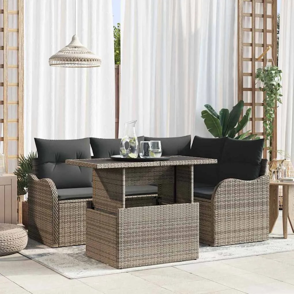 vidaXL Kültéri étkező szett párnával 5 pcs Szürke Poli rattan