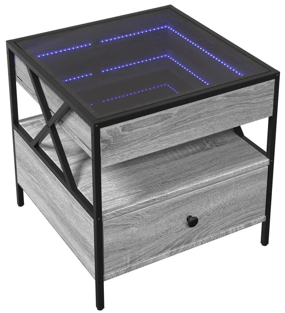 Szürke sonoma végtelen hatású LED-es dohányzóasztal 50x50x51 cm