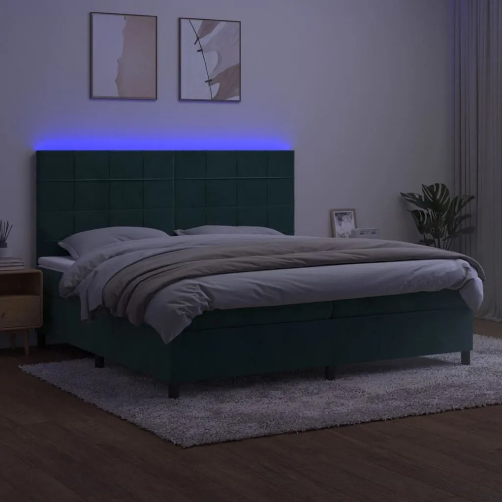 sötétzöld bársony rugós és LED-es ágy matraccal 200x200 cm