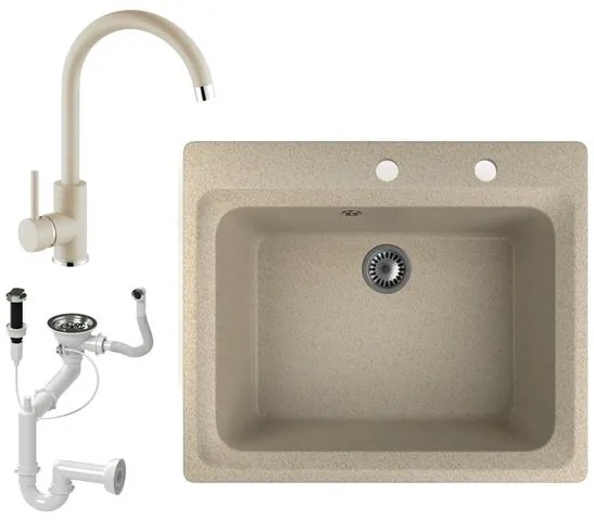 Gránit mosogató NERO Italia + magasított csaptelep + dugóemelő (bézs)