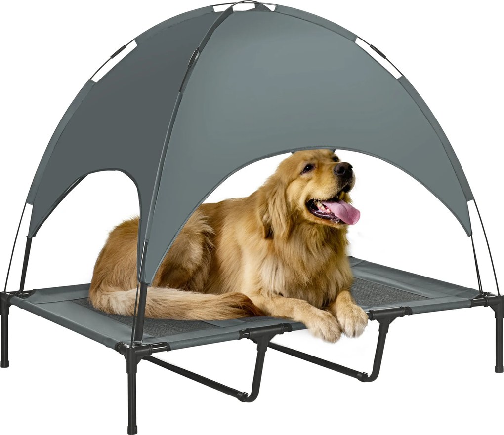 PawHut Emelt Kutyaágy Tetővel, Kültéri Kutyafekhely, Lélegző Taft Anyag, Szürke 122 x 92 x 108 cm | Aosom
