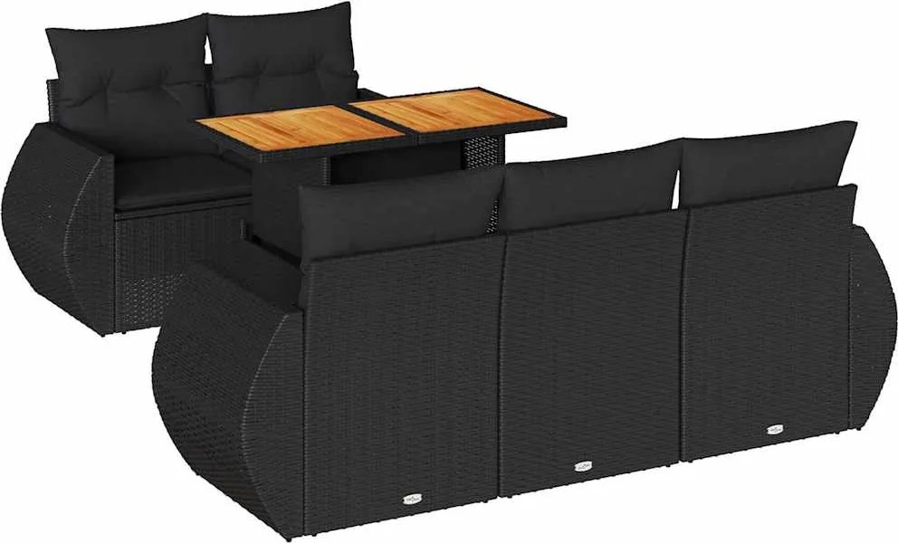 vidaXL 6 részes fekete polyrattan kerti ülőgarnitúra párnákkal