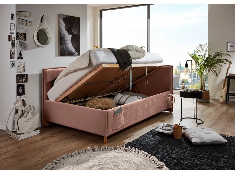 Rózsaszín kárpitozott ágyneműtartós sarok gyerekágy ágyráccsal 120x200 cm Fun – Meise Möbel