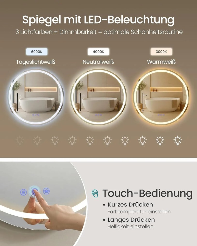 SONGMICS világító kerek fali tükör érintővezérléssel, 61 cm, felhőfehér