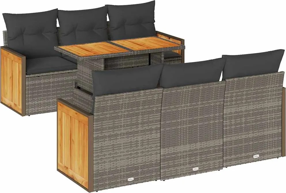 vidaXL 7 részes szürke polyrattan akácfa kerti ülőgarnitúra párnákkal