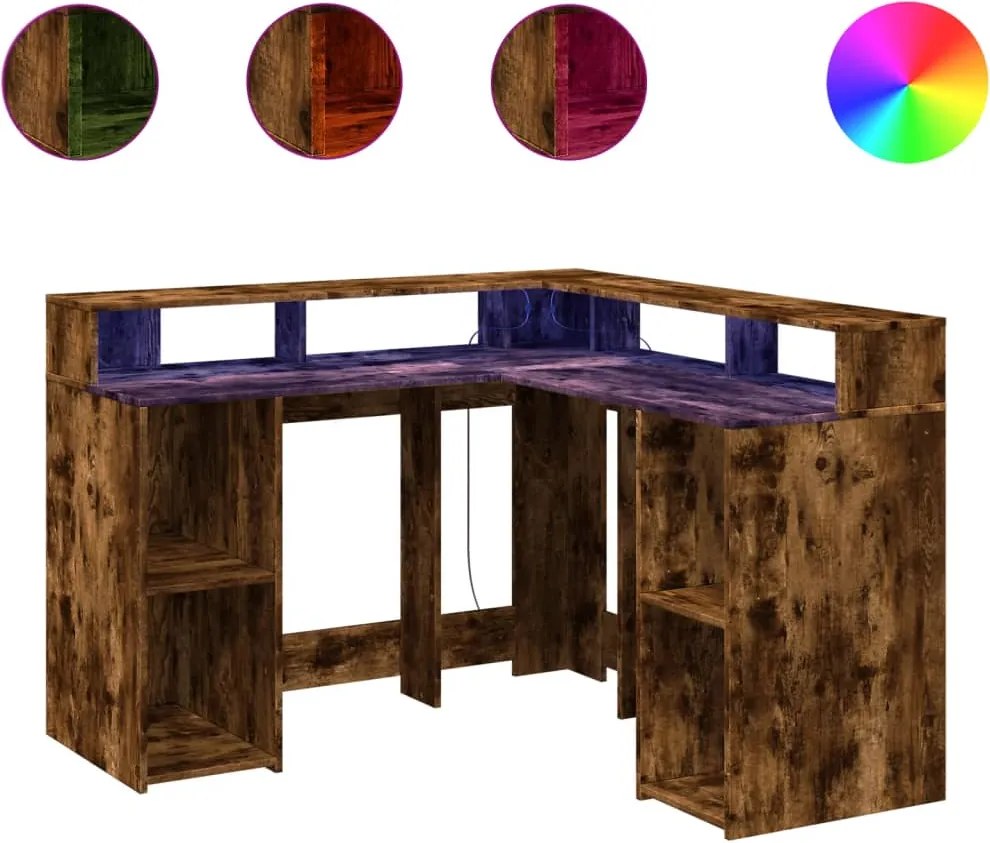 vidaXL füstös tölgy színű szerelt fa íróasztal LED-ekkel 130x130x91 cm