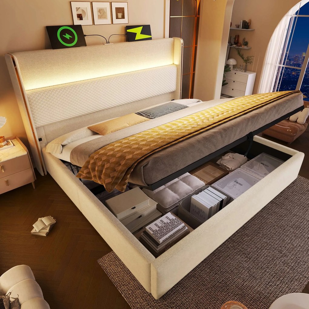 Kárpitozott ágy 160*200 cm Dupla ágy Led Usb C hidraulikus bézs