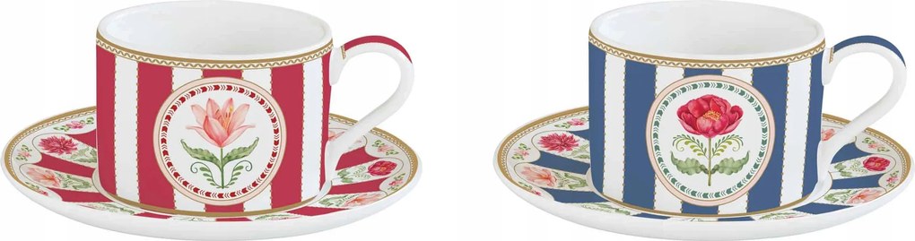 Kpl porcelán csésze 240ml színes csíkos 2+2 virág motívum szett