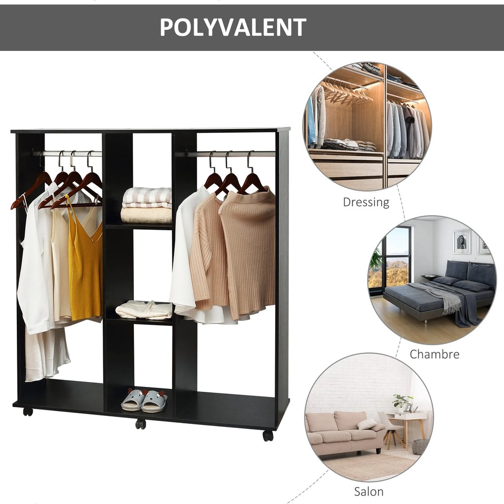 HOMCOM Mobil Tároló Gardrób 6 Kerek 120 x 40 x 128 cm Fa Fekete | Aosom