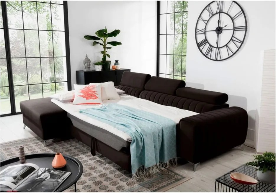 Sötétbarna bársony kinyitható-tárolóhelyes sarokkanapé (bal oldali-heverő résszel) Grayson – ELTAP