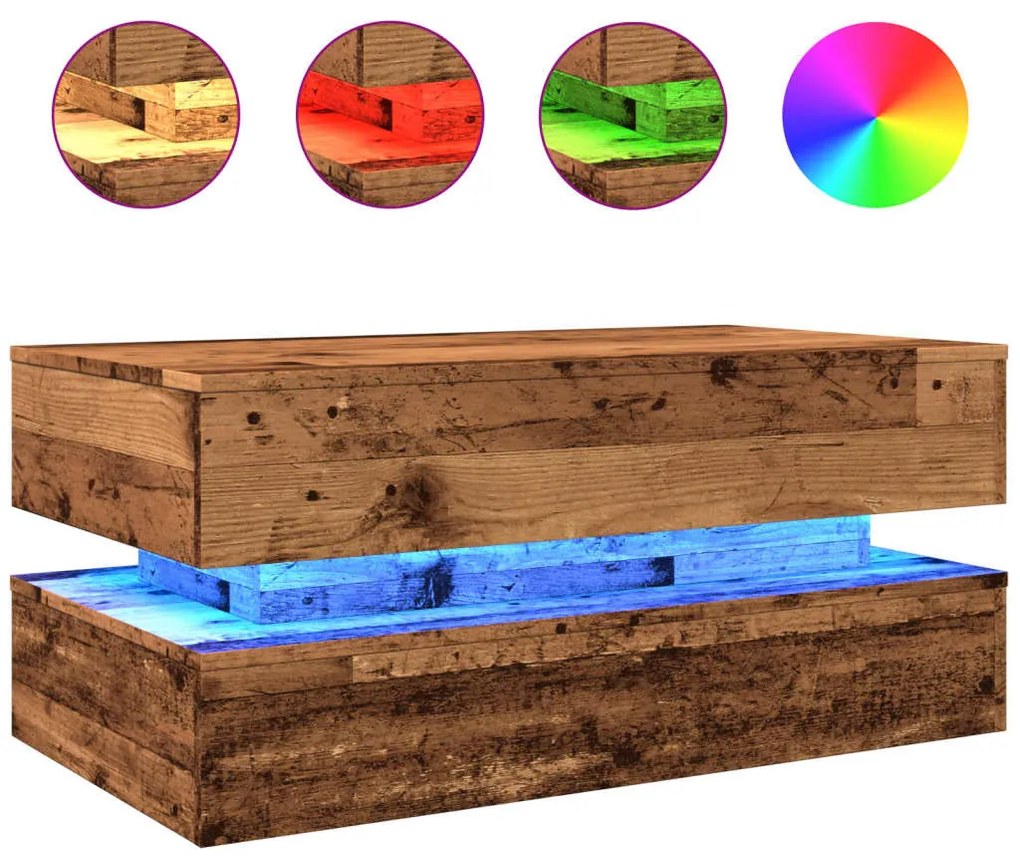 Antik fa színű dohányzóasztal LED-lámpákkal 90x50x40 cm