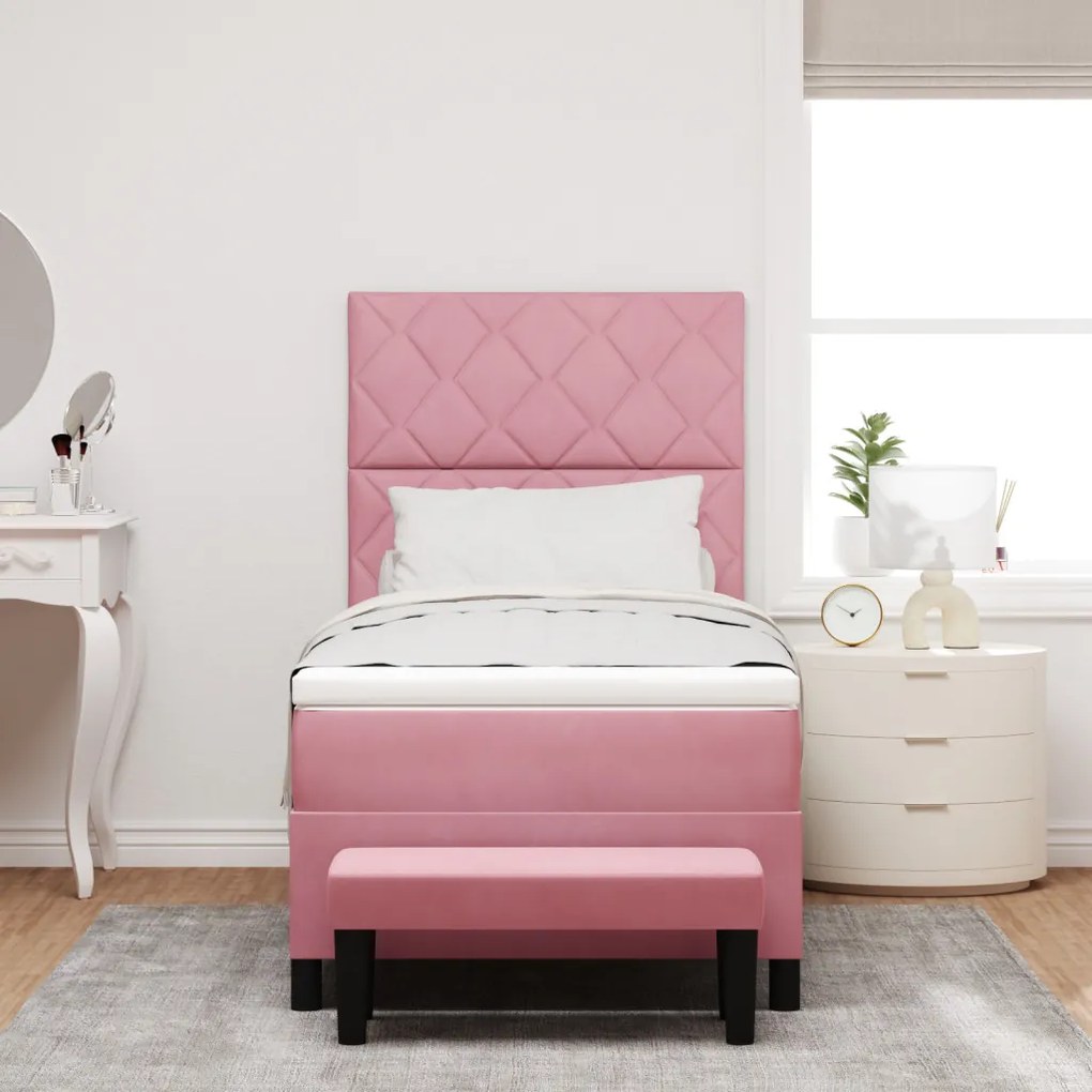 Rózsaszín Box Spring Ágy Matraccal és Pad 90x190 cm Bársony