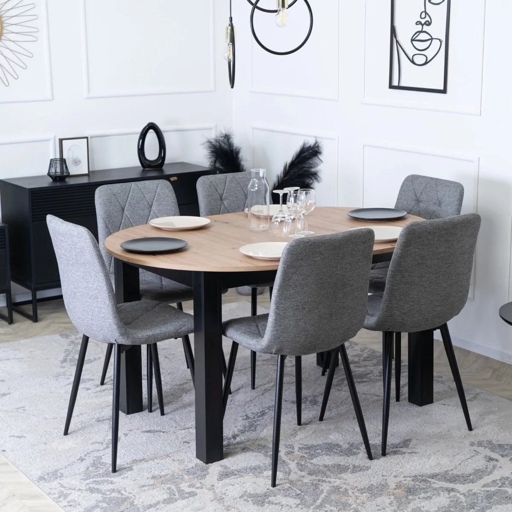 Étkezőszett HARRY asztal 102–142 cm artisan tölgy/fekete + 6 ROBIN 2 szék szürke