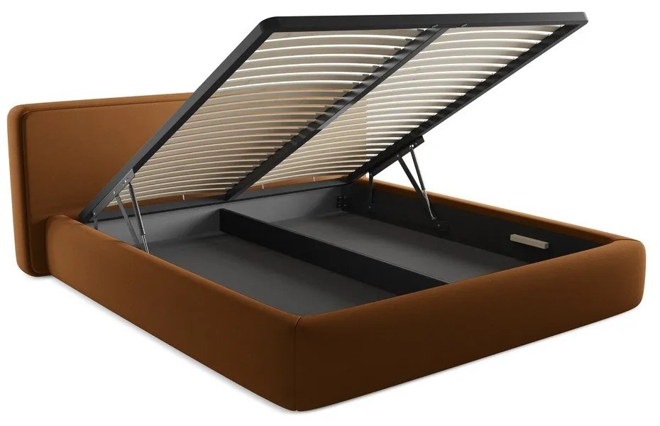 Terrakotta színű kárpitozott ágyneműtartós franciaágy ágyráccsal 180x200 cm Kiana – Makamii