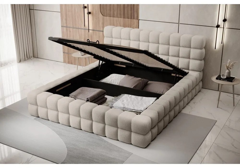 Bézs kárpitozott ágyneműtartós franciaágy ágyráccsal 160x200 cm Dizzle – ELTAP