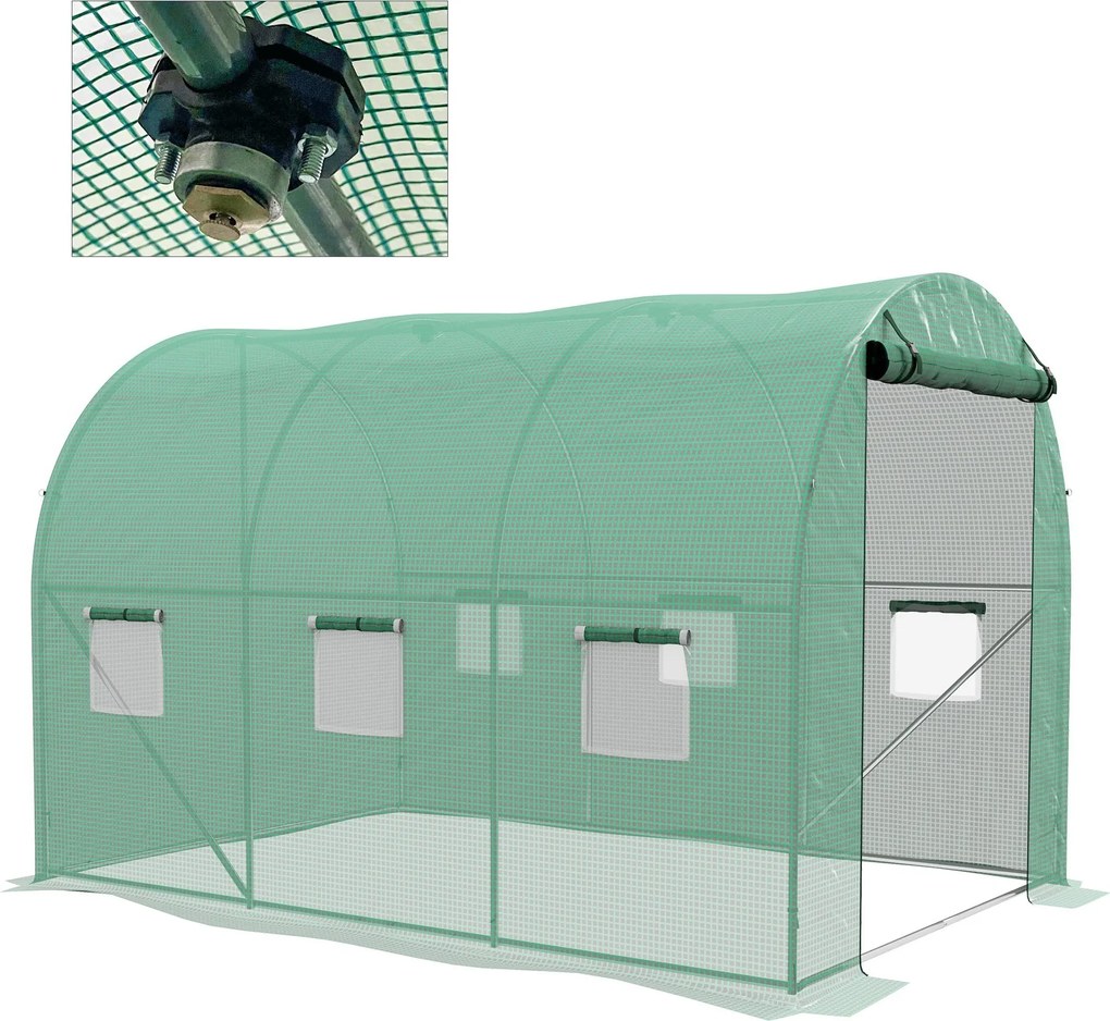 Outsunny 6m² Kerti Alagút Üvegház Paradicsom Üvegház Beépített Öntözőrendszerrel 3L x 2W x 2H m Megerősített Acél + Magas Sűrűségű PE 140 g/m² 6 Ablak