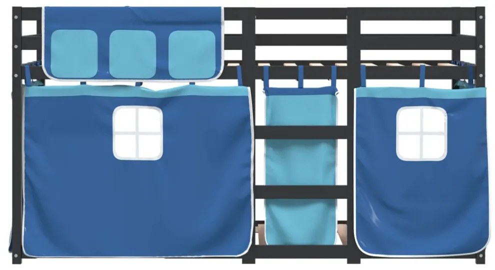 kék tömör fenyőfa emeletes ágy függönyökkel 90 x 200 cm